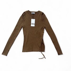 Zara Long Sleeve Brown/Khaki cable knit top with braid detail